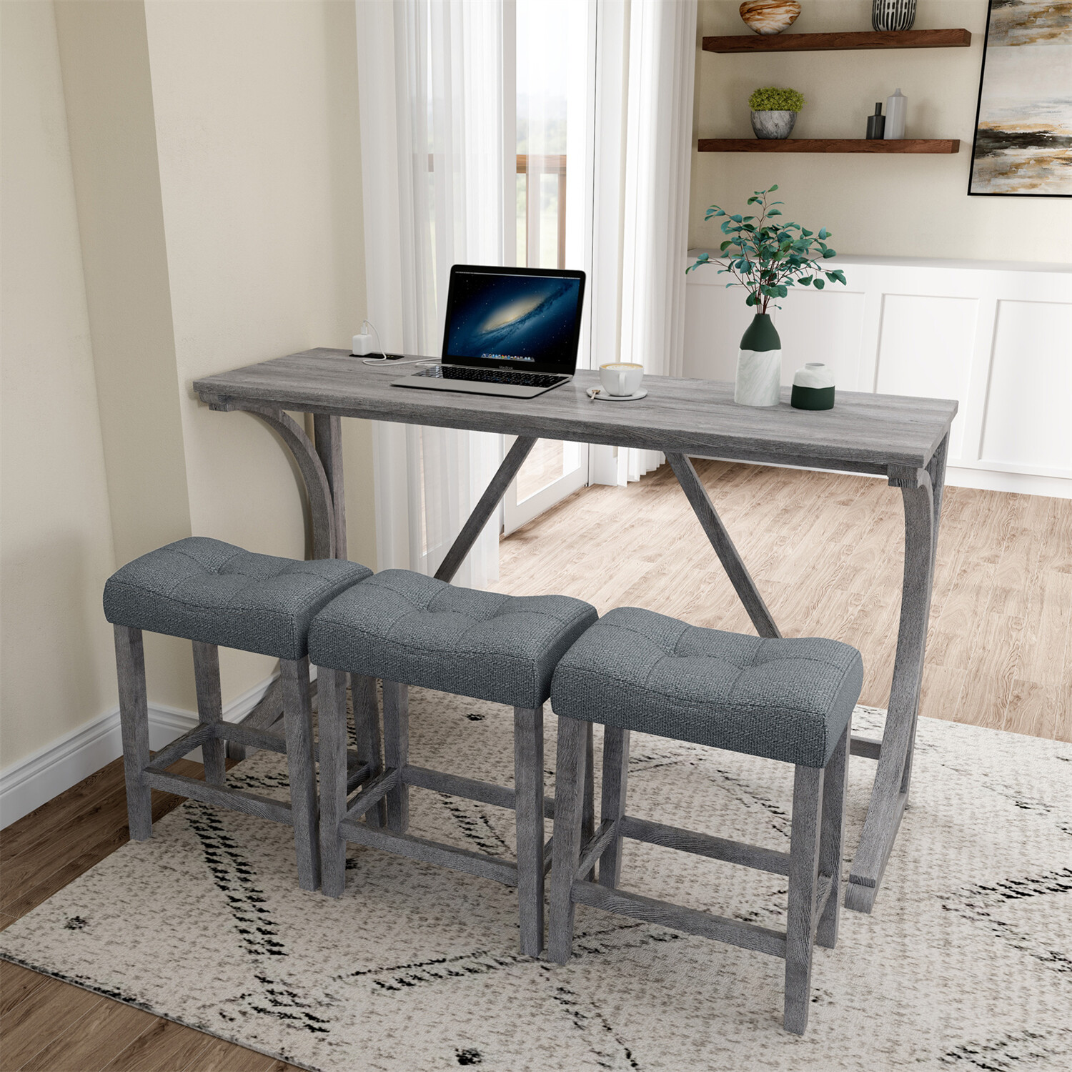 4 Piece Bar Table Set Counter Height Kitchen Dining Table with 3 Bar Stools US