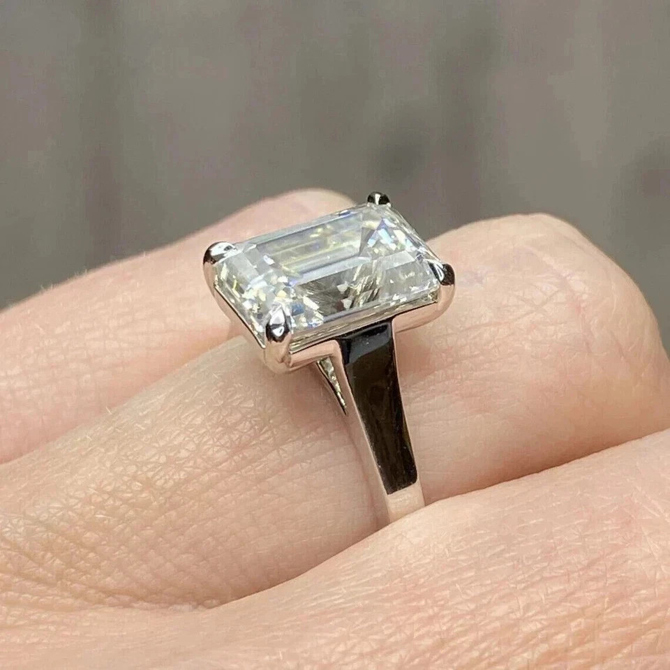 White Moissanite 3.70 Ct Emerald Cut Prong Engagement Ring 925 Sterling Silver
