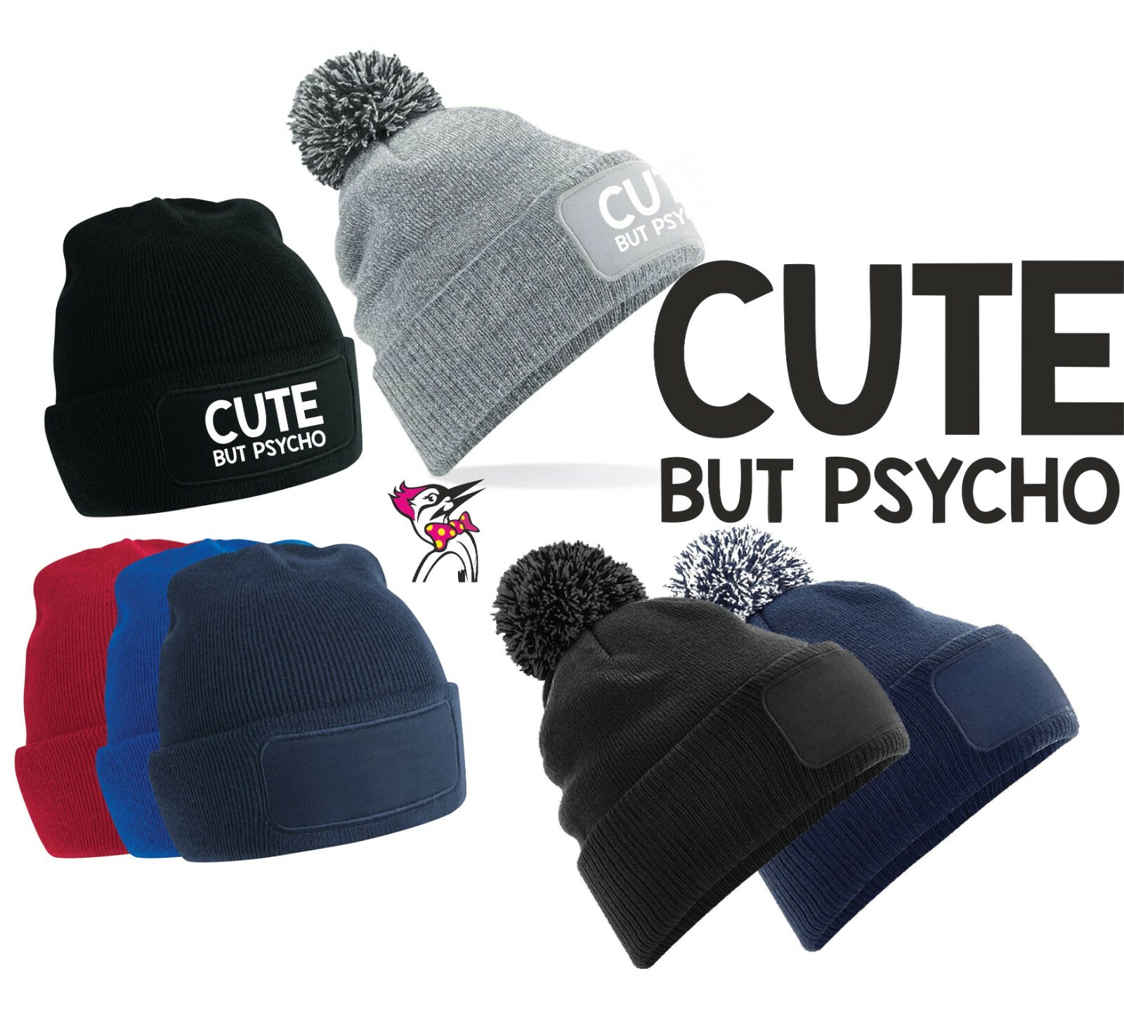Cute But Psycho Printed Bobble Beanie Hat Custom Name Logo Winter Headwear Funny
