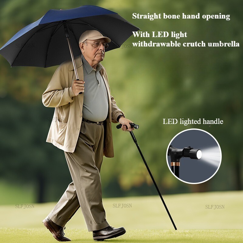 Pull-out Walking Stick Umbrella With Light for Elderly Umbrella Outdoor Non-slip