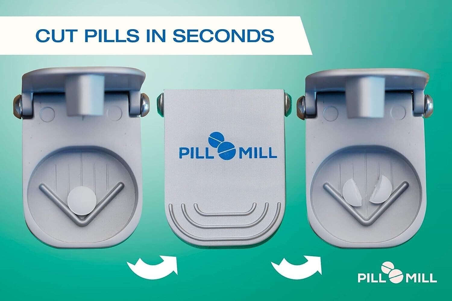 Pill Cutter Splitter with Pill Box by - Blade That Will Never Dull - Grip Handle
