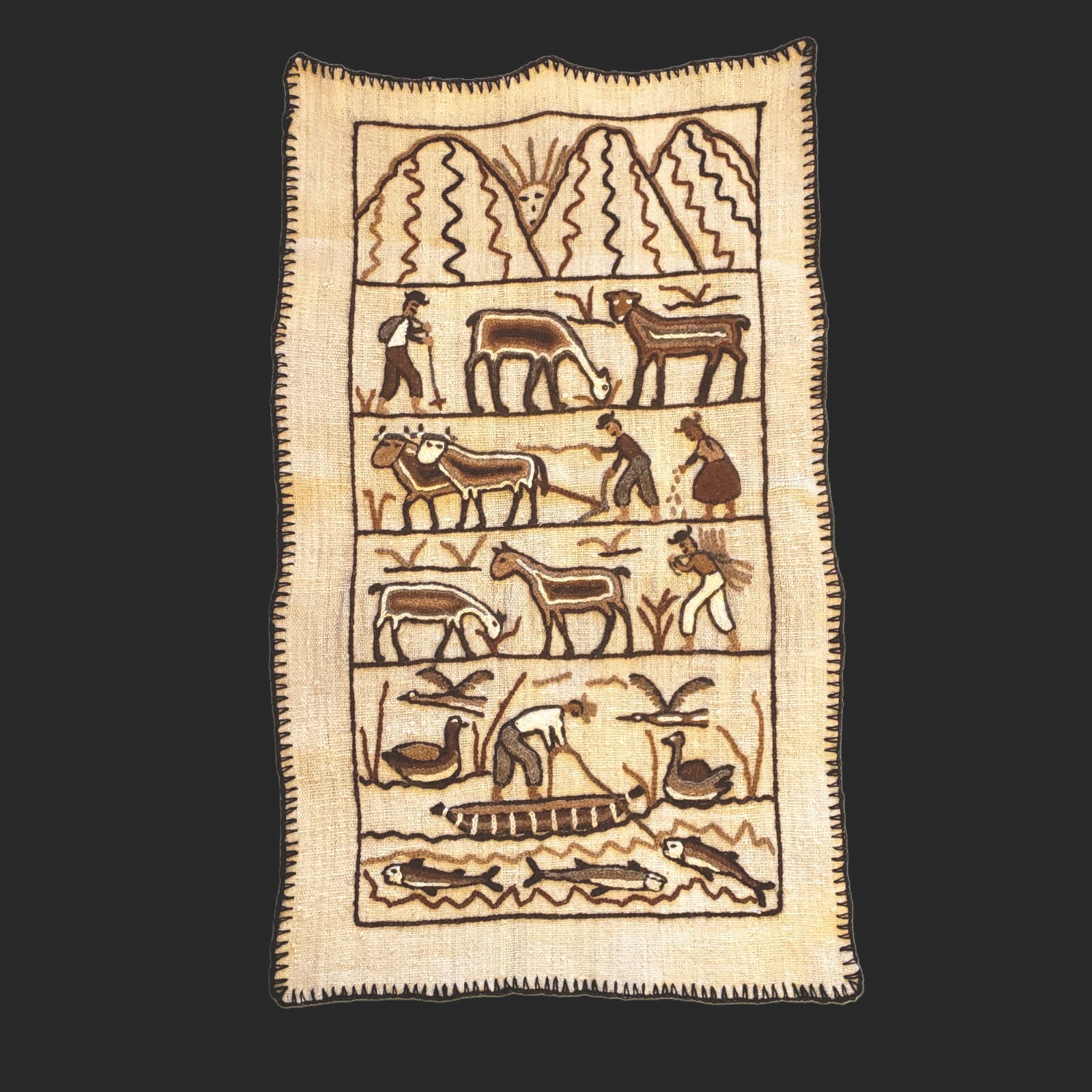 Folk Art Peruvian Embroidery Wall Hanging Work Story Textile 19" x 32" Vintage