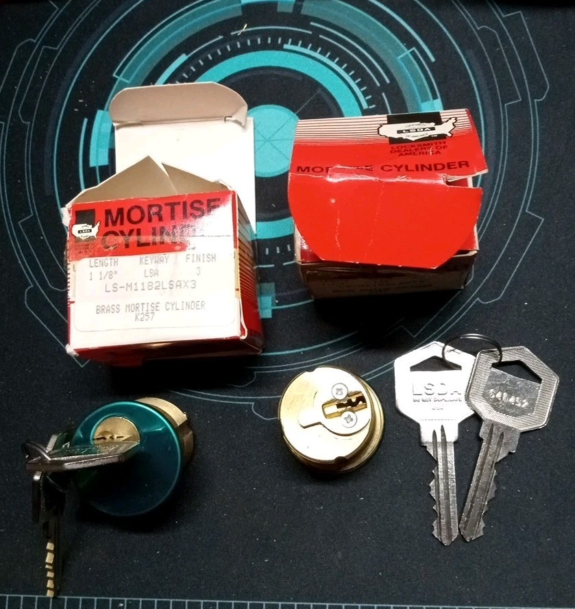 2 PC LSDA K257 Brass Mortise Cylinder W/2 Keys Each, NOT Keyed Alike. NOS Lot333