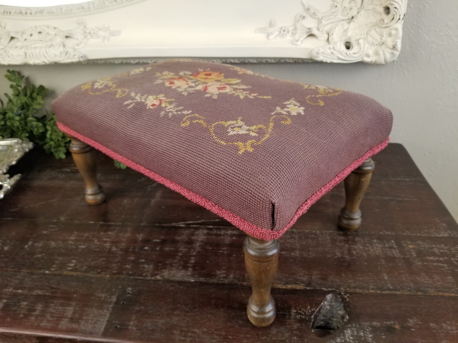 Antique Early 1900's Floral & Rose Needlepoint Wooden Footstool in Deep Mauve