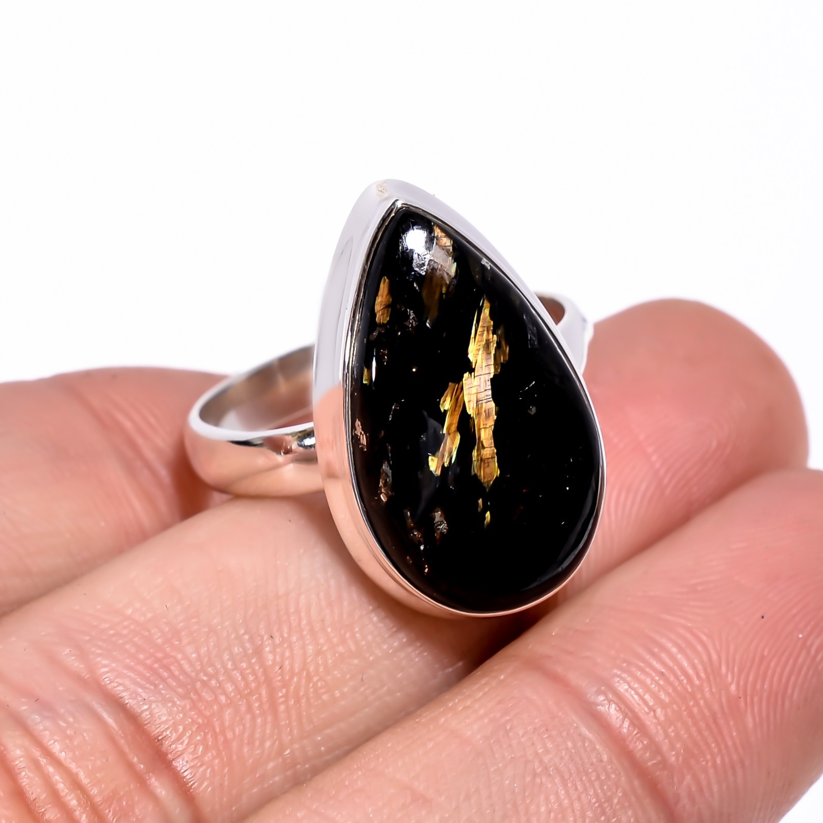 Golden Fire Natural Nuummite Gemstone Handmade Teardrop Ring 925 Sterling Silver