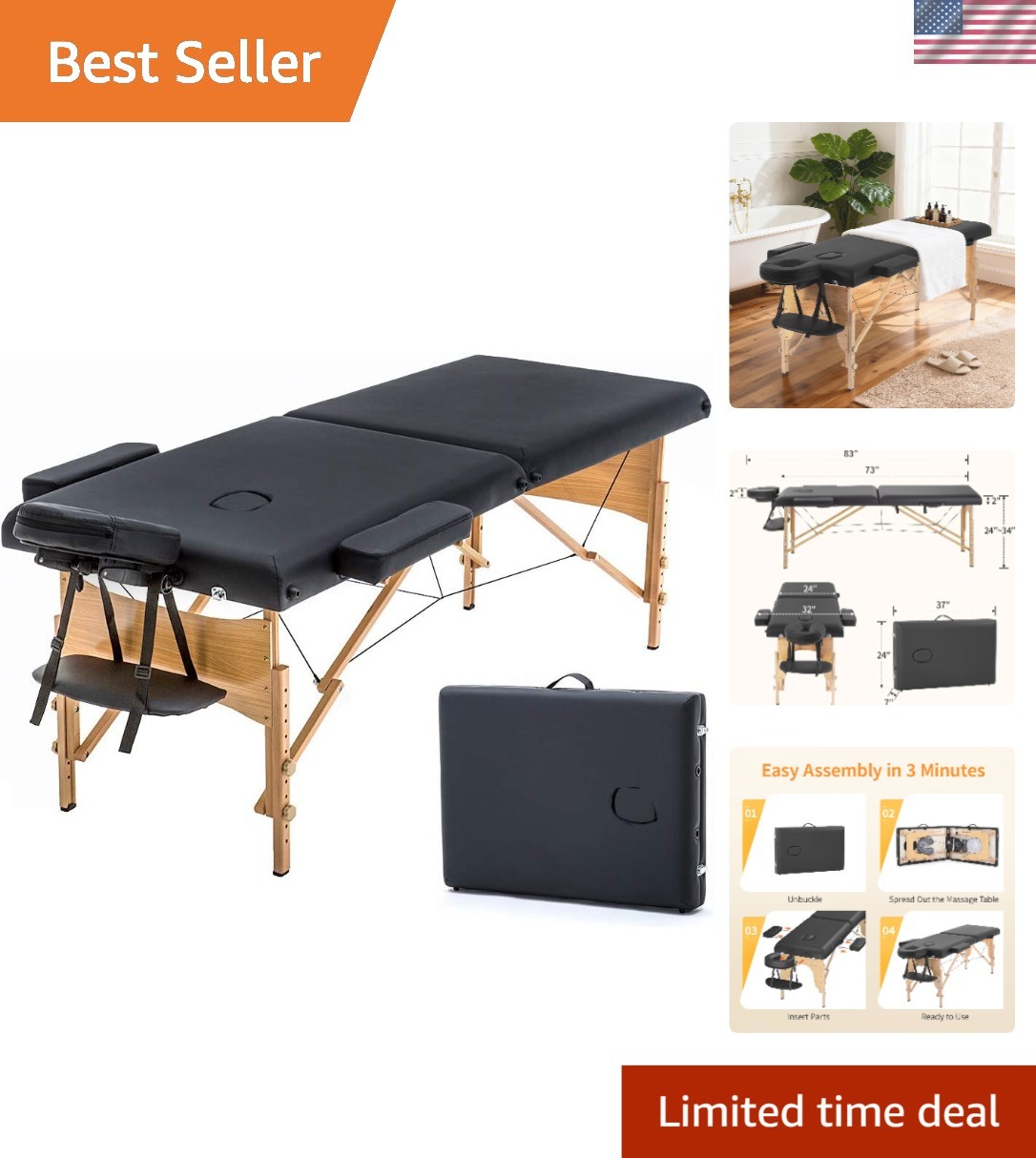 Effortless Setup: 24" Portable Massage Table with Luxurious Design Features