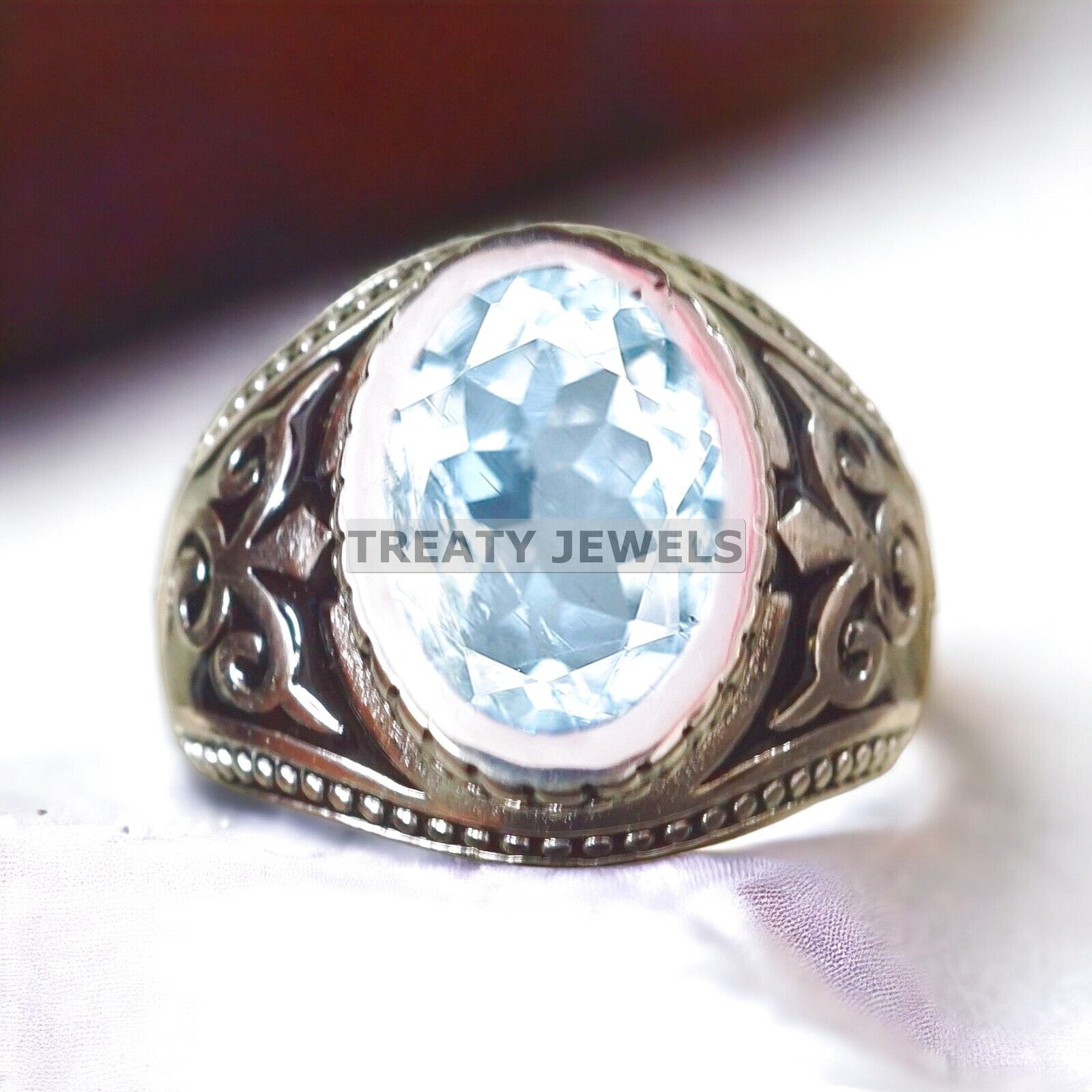 Aquamarine Oval Cut Gemstone With 14K Solid White Gold Ring For Men's #A180