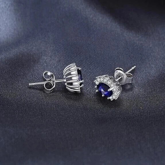 2Ct Oval Cut Lab-Created Blue Sapphire Halo Stud Earrings 14K White Gold Plated