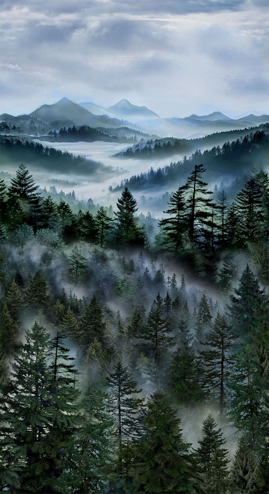Pine Tree Fabric Misty Mountain 24" Panel Cotton Timeless Treasures CD3527