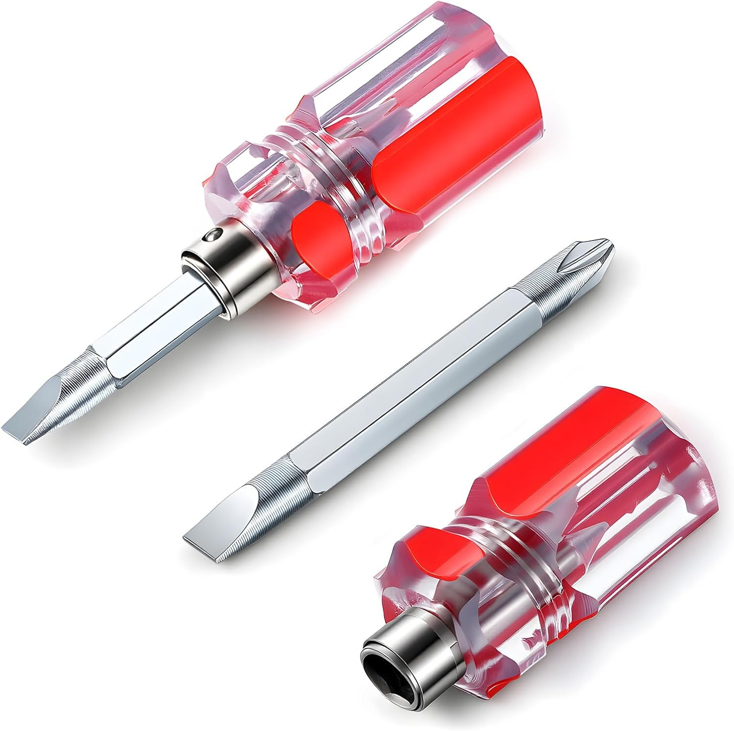 2 Pack Stubby Screwdriver Phillips and Flat Head Dual-Use Magnetic Short Red