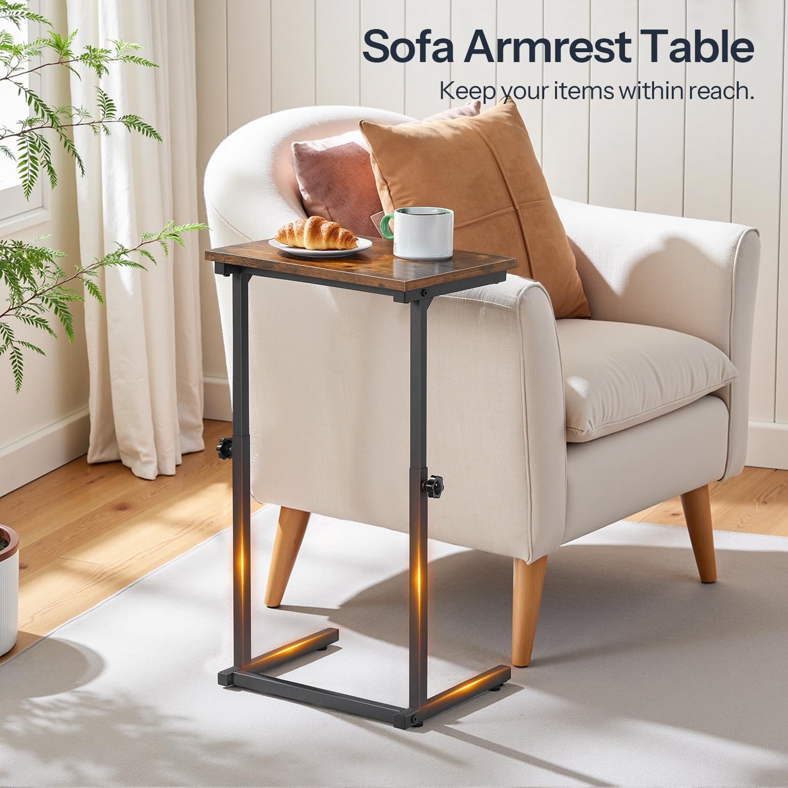 Adjustable Height C Shaped End Table Couch Small Spaces Rustic Brown BF71SF01