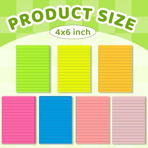 Lined Sticky Notes 4 x 6 Inches, 15 Pads, 375 Sheets Total, 7 Bright Colors,