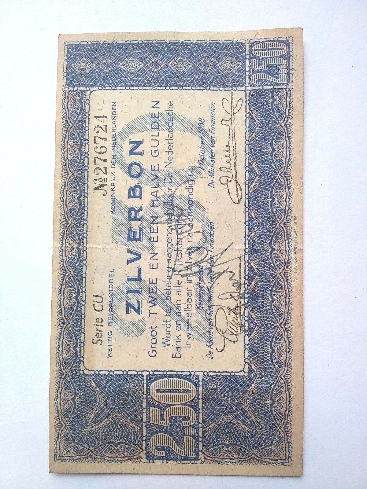 1938 Netherlands 2.5 Gulden Zilverbon circulated VF Nice paper money