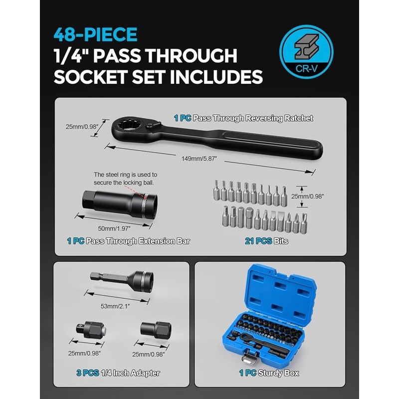 Pass-Through Socket Set Spline Ratchet Tool Kit 72-Tooth Metric SAE 48 Pieces US