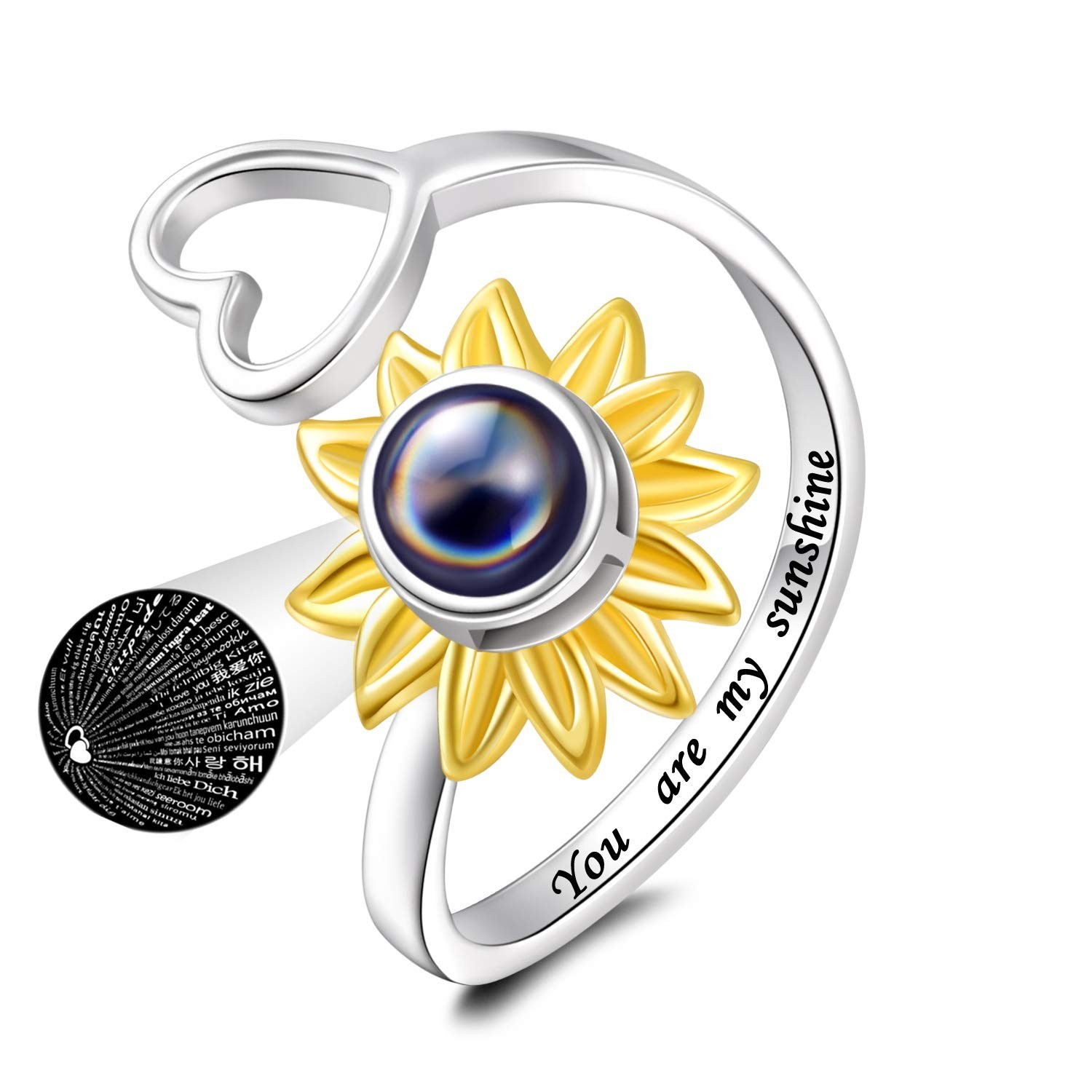 Jinlou sunflower ring 925 sterling silver I love you 100 language heart ring ...