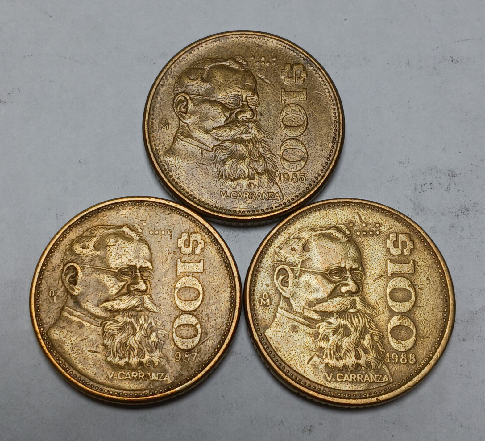 Lot of 3x Mexico 100 Pesos - 1985, 1987 and 1988 - Carranza