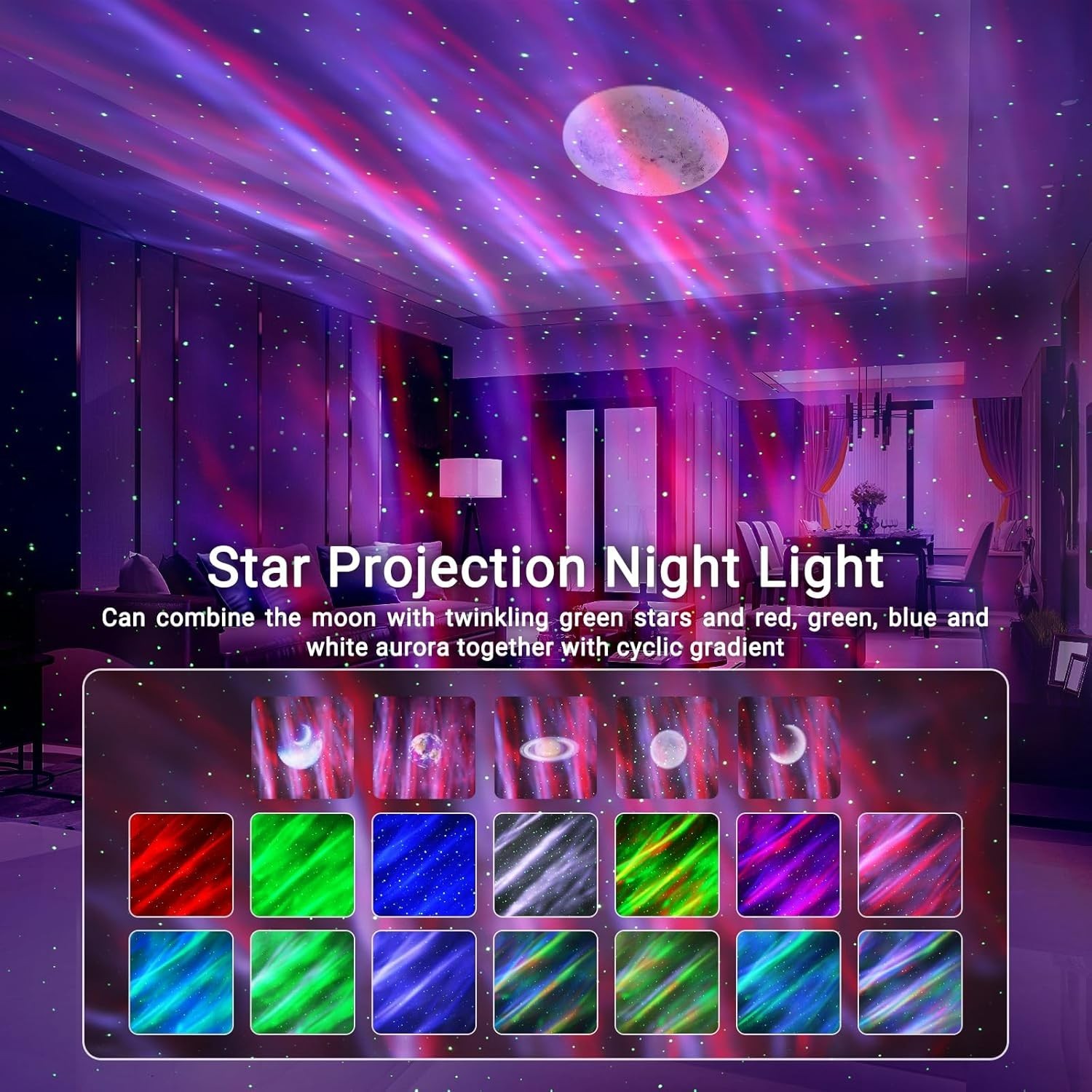 Multi-Mode Northern Lights Projector with 360° Projection & Bluetooth, 5.3in