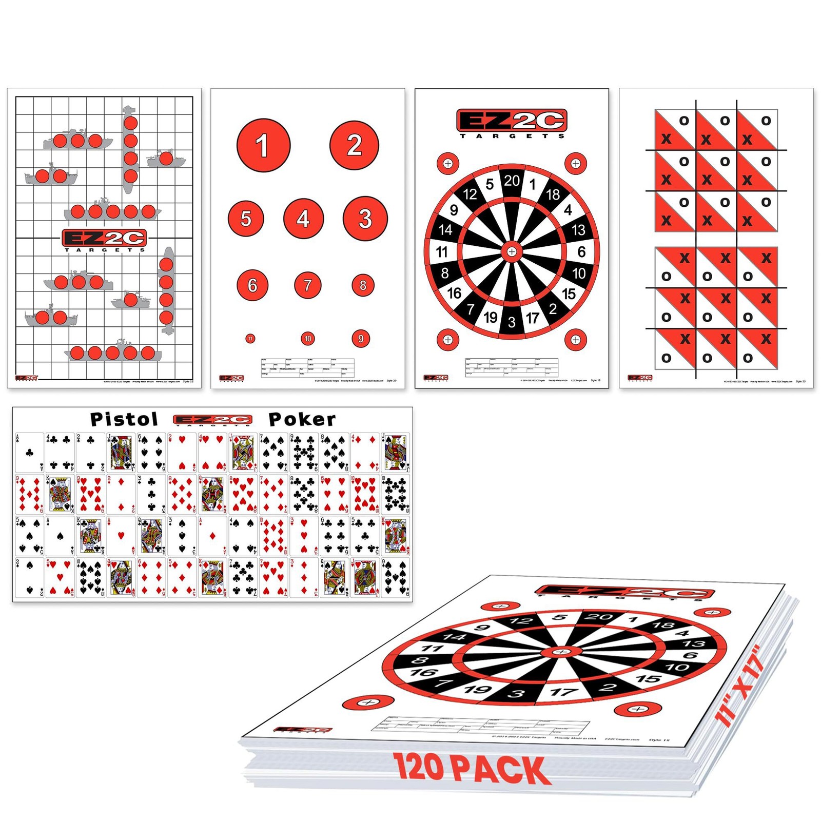 120 EZ2C Targets: 5 Game Style Paper Targets Bundle Pack Fun Games 11"x17" USA M