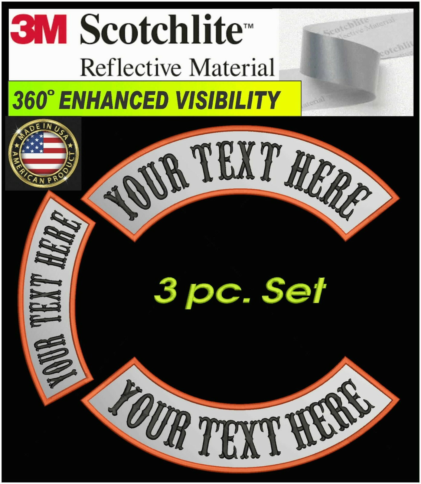 13" REFLECTIVE 3 PC SET CUSTOM EMBROIDERED MC ROCKER PATCH 3M® MOTORCYCLE BIKER