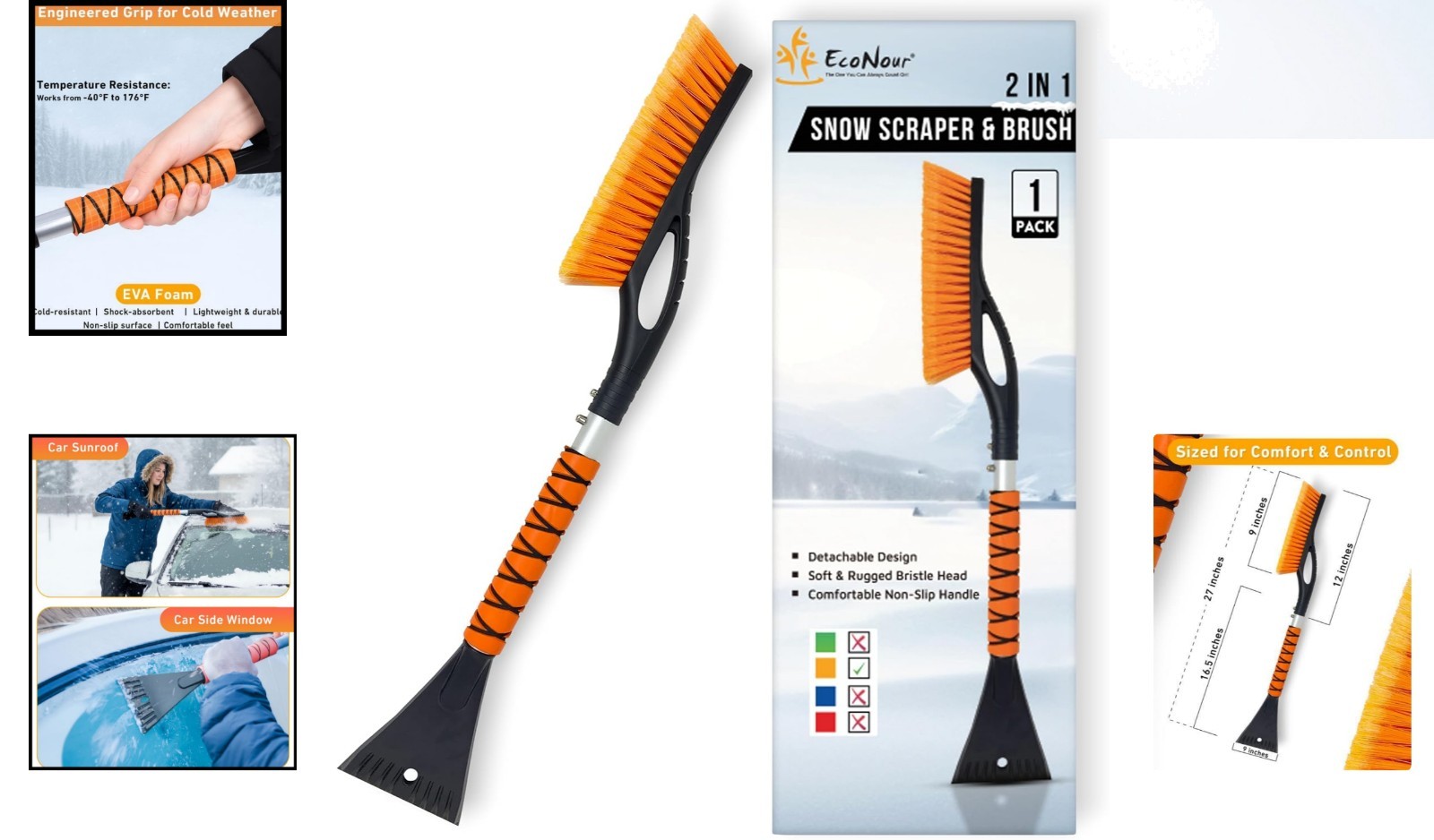 Versatile 27" Winter Snow Scraper & Windshield Cleaner with Comfort Grip