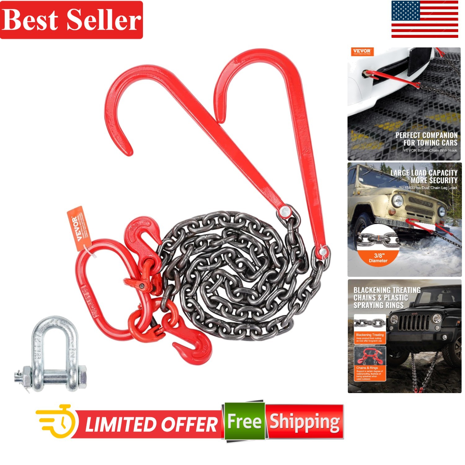 3/8" x 3' Towing Chain Bridle - Grade 80 with 15" Hooks for Secure Transport