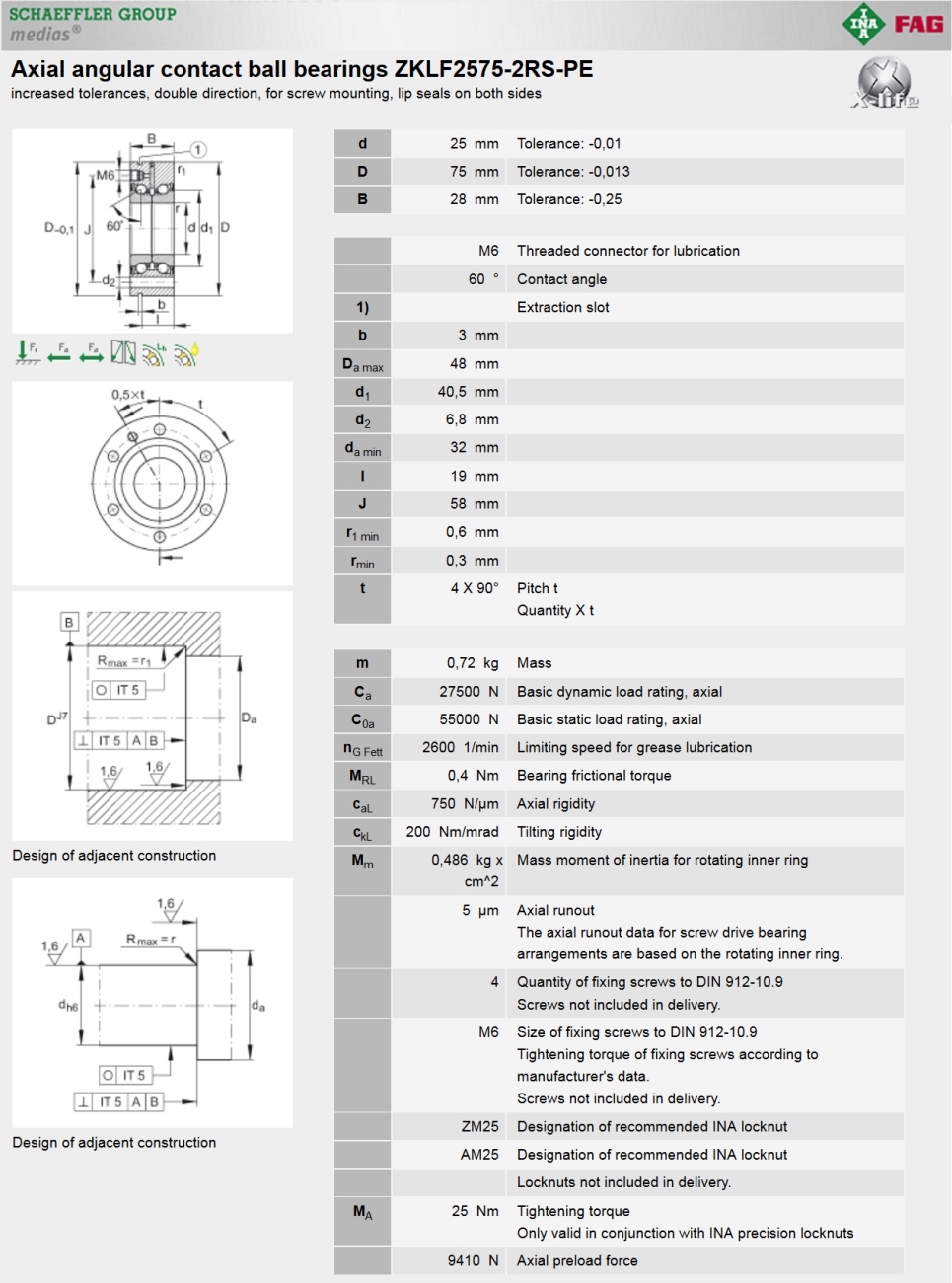 INA ZKLF 2575 2RS PE AXIAL ANGULAR CONTACT BALL BEARING