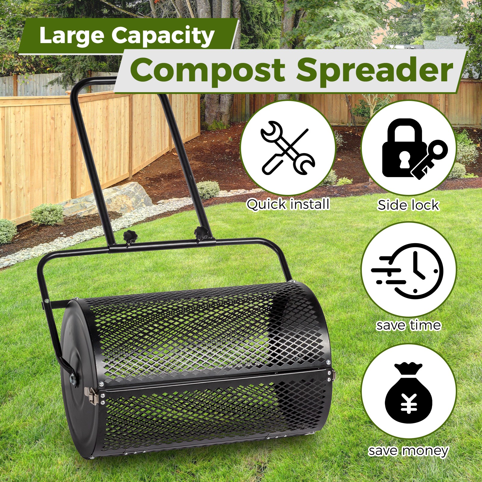 24" Compost Spreader Peat Moss Spreader Push/Tow-Behind Roller