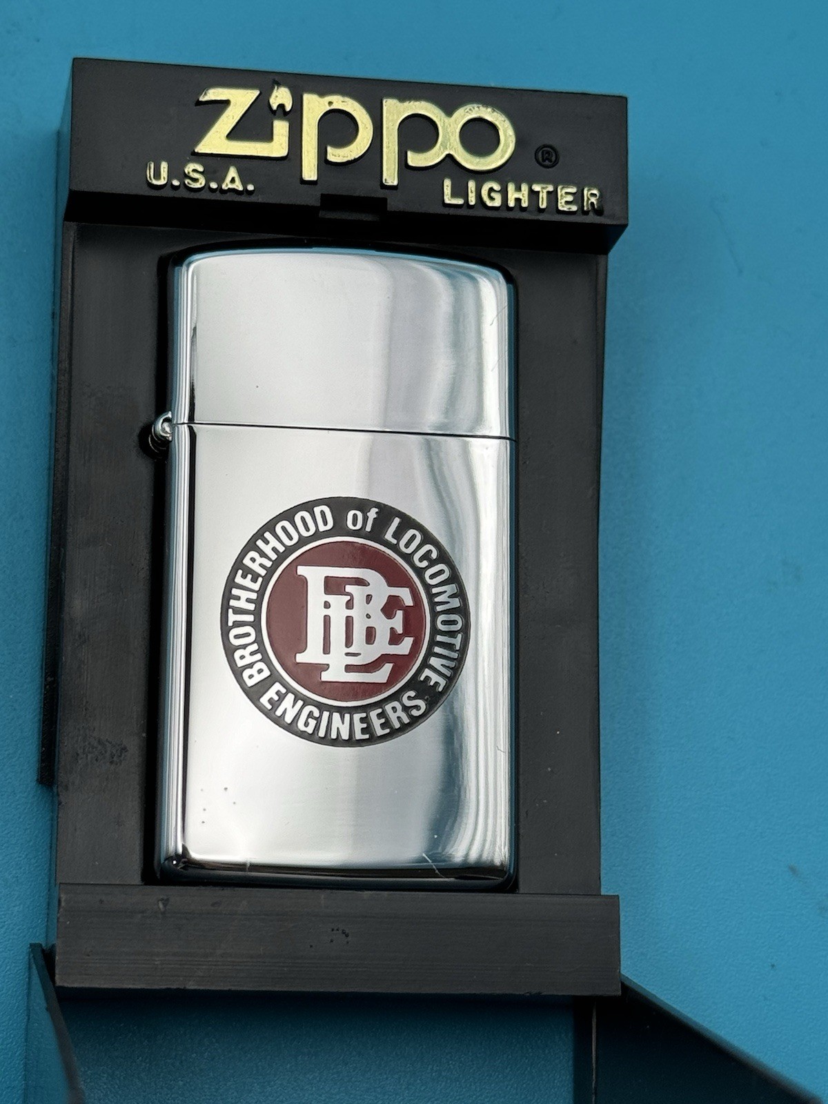 Vintage 2002 Brotherhood Locomotive Engineers HP Chrome Slim Zippo Lighter NEW