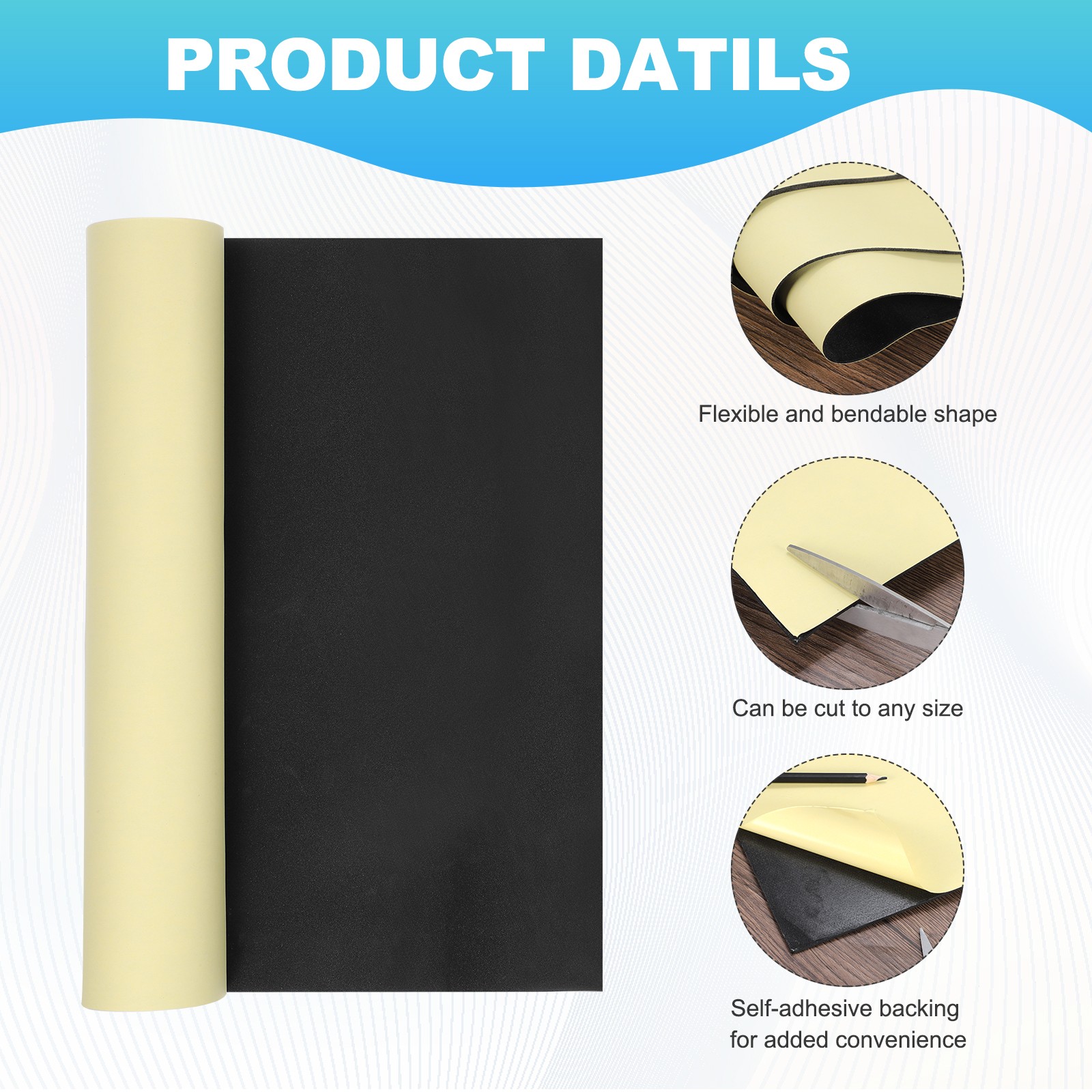 EVA Foam Roll with Adhesive Backing, 3mm 1/8" Thick 78''x13'', Black