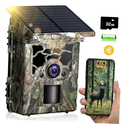Trail Camera Solar Powered 4K 46MP, WiFi Bluetooth Game Camera with 32GB