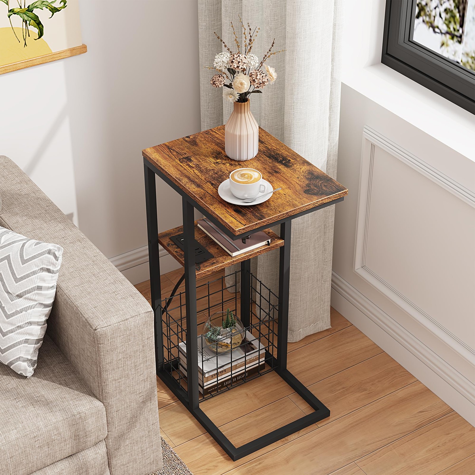 C Shaped End Table Charging Station Side Couch 28 Inch High Rustic Brown