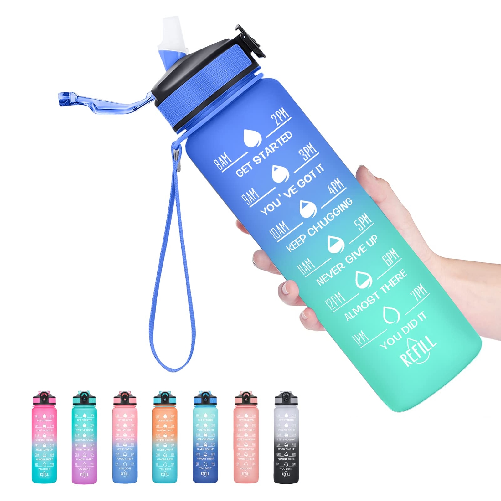 Hyeta 32 oz Water Bottles with Times to Drink and Straw Motivational Water