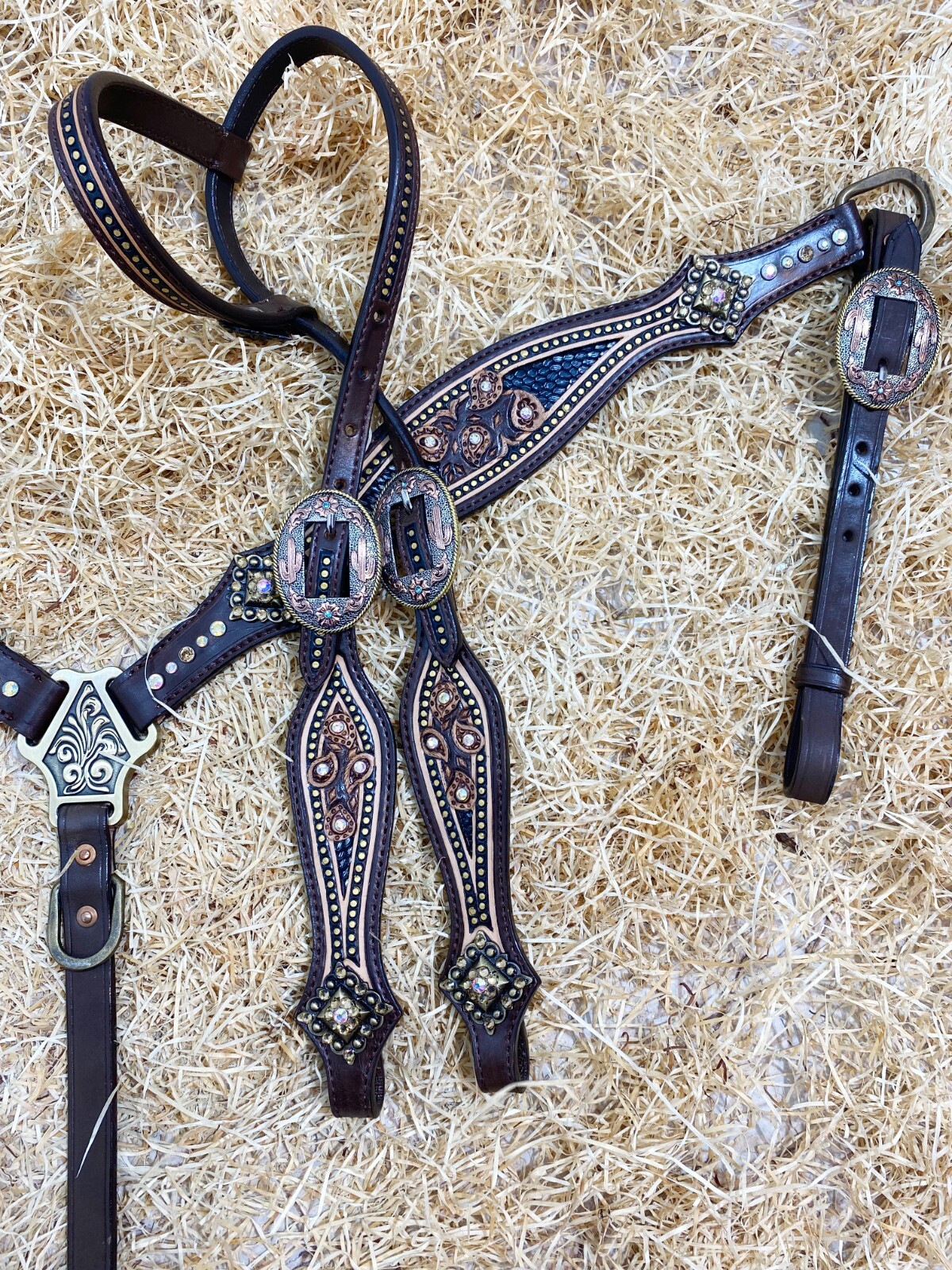 Western Leather Headstall Set Horse Decorated with Paisley Carving Gifts MOUSM