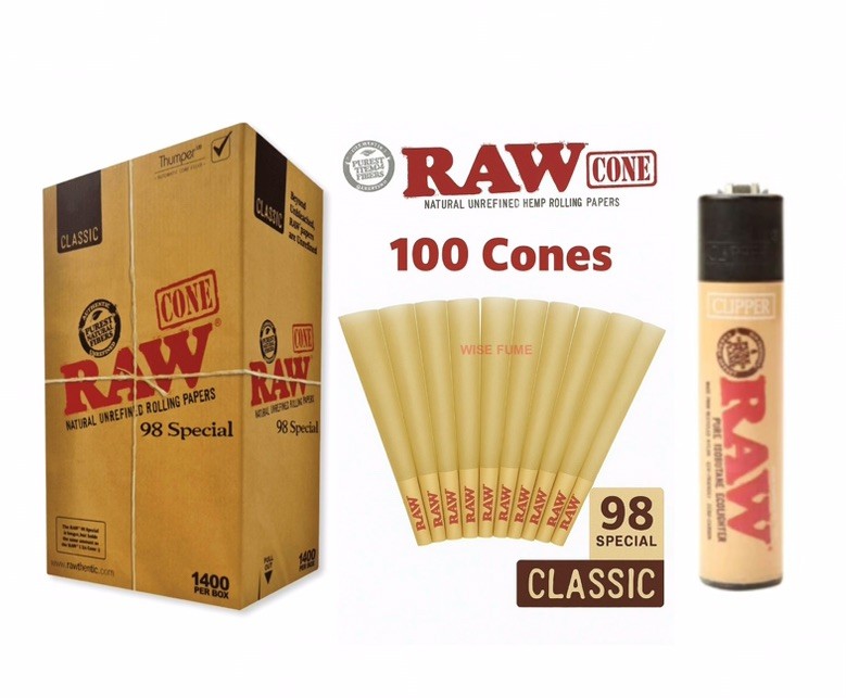 Raw Classic 98 Special Size Pre Rolled Cone Rolling Paper AUTHENTIC + Lighter
