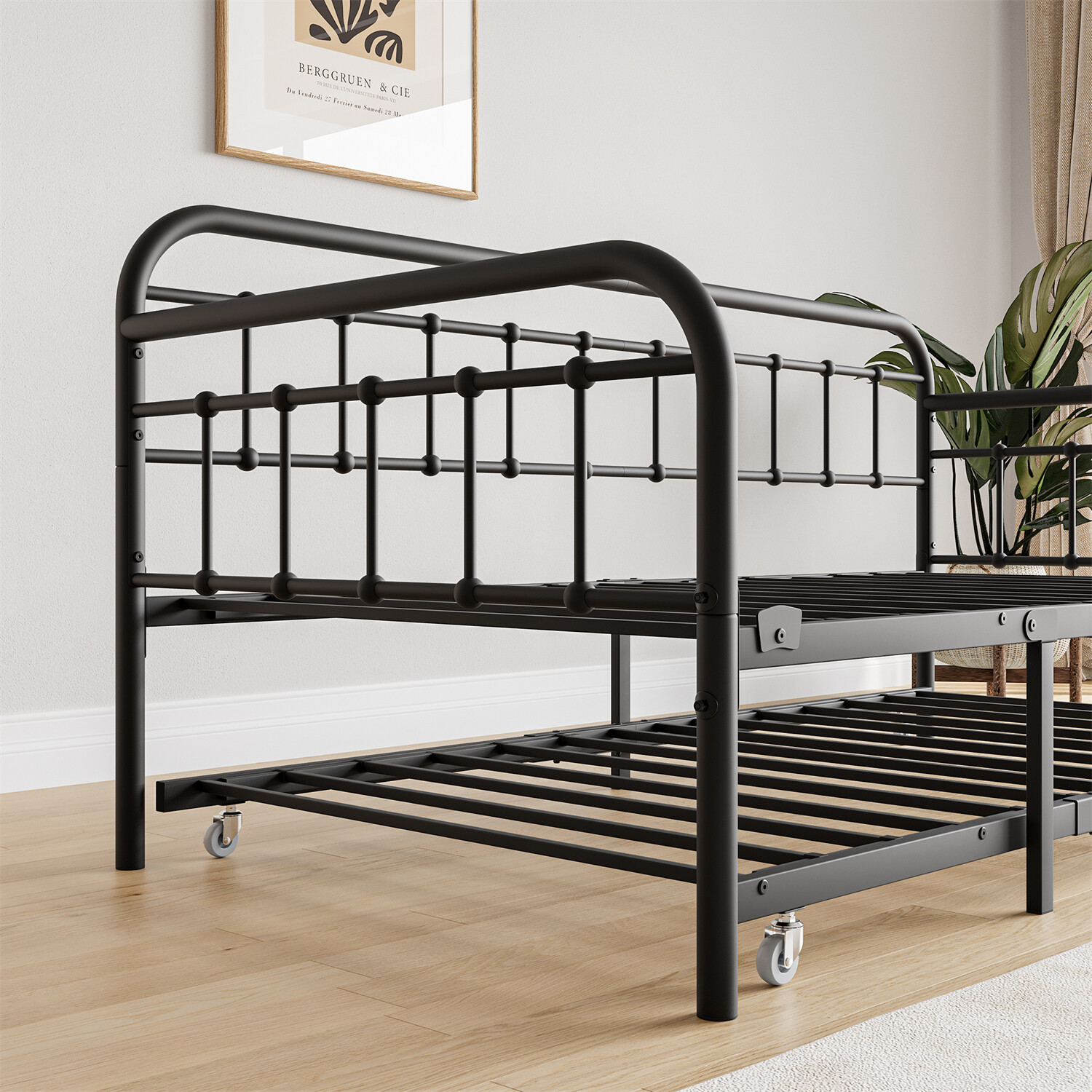 Twin Size Metal Daybed Bed Frame Sofa Bed with Pull Out Trundle Bed Black US