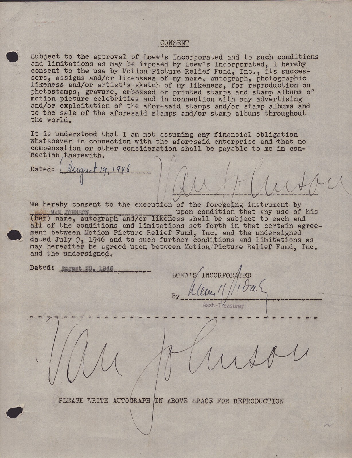 VAN JOHNSON - DOCUMENT DOUBLE SIGNED 08/19/1946