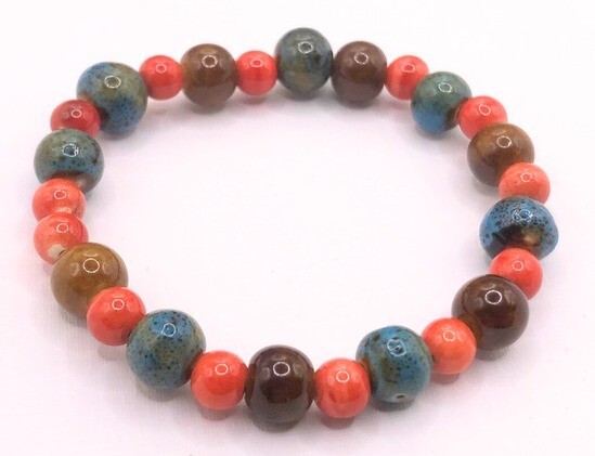 Earthtone Glass Bead Bracelet – Clay Orange, Green & Blue – Small Wrist Fit / Ki