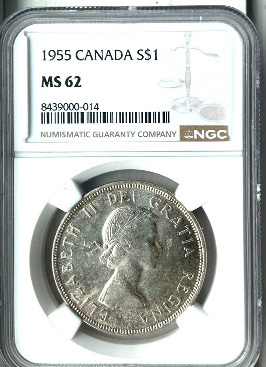 1955 Canada Silver Dollar, NGC MS 62, KM-54, Mainly Brilliant White