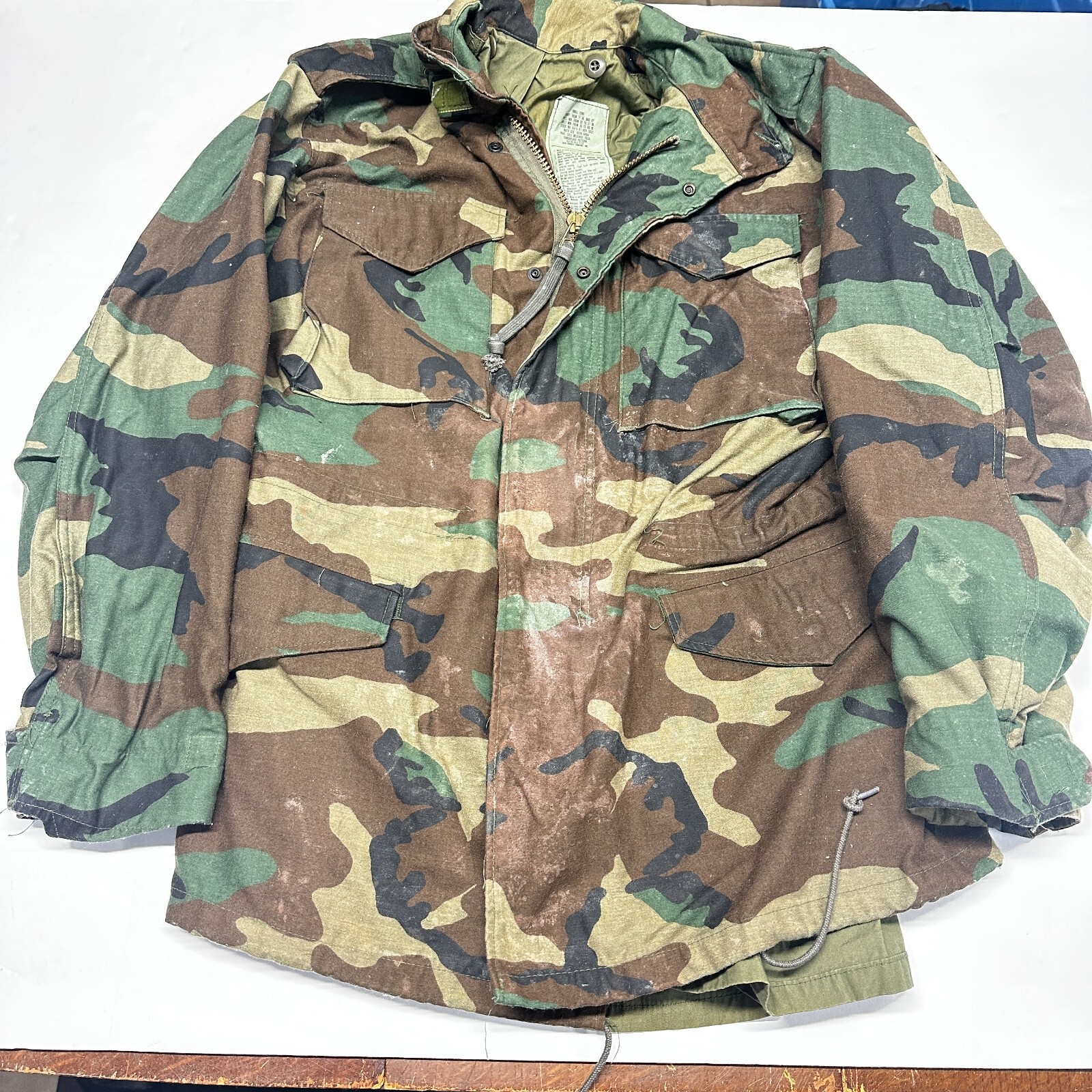VTG 80s US Military Coat Cold Weather Field Jacket Woodland Camo Sz S Long