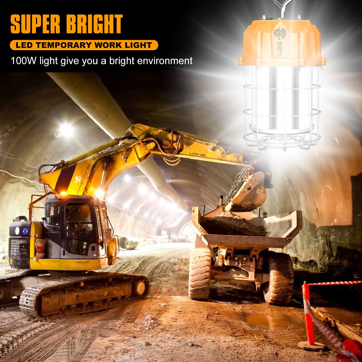 2Pack LED Temporary Work Light 100W Constructions Warehouse High Bay Light 5000K