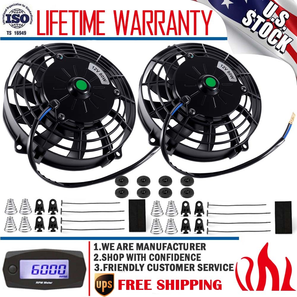 2 Set 7" High Performance Electric Slim Radiator Cooling Fan+Mounting Kit Black