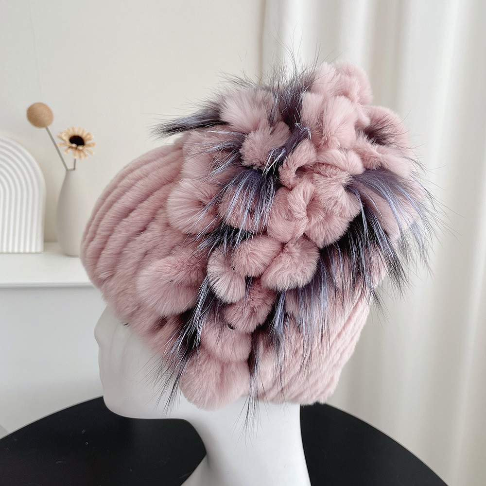 Rex Rabbit Fur Beanie Women Fox Fur Flower Hat Thick Warm Knit Cap for Winter
