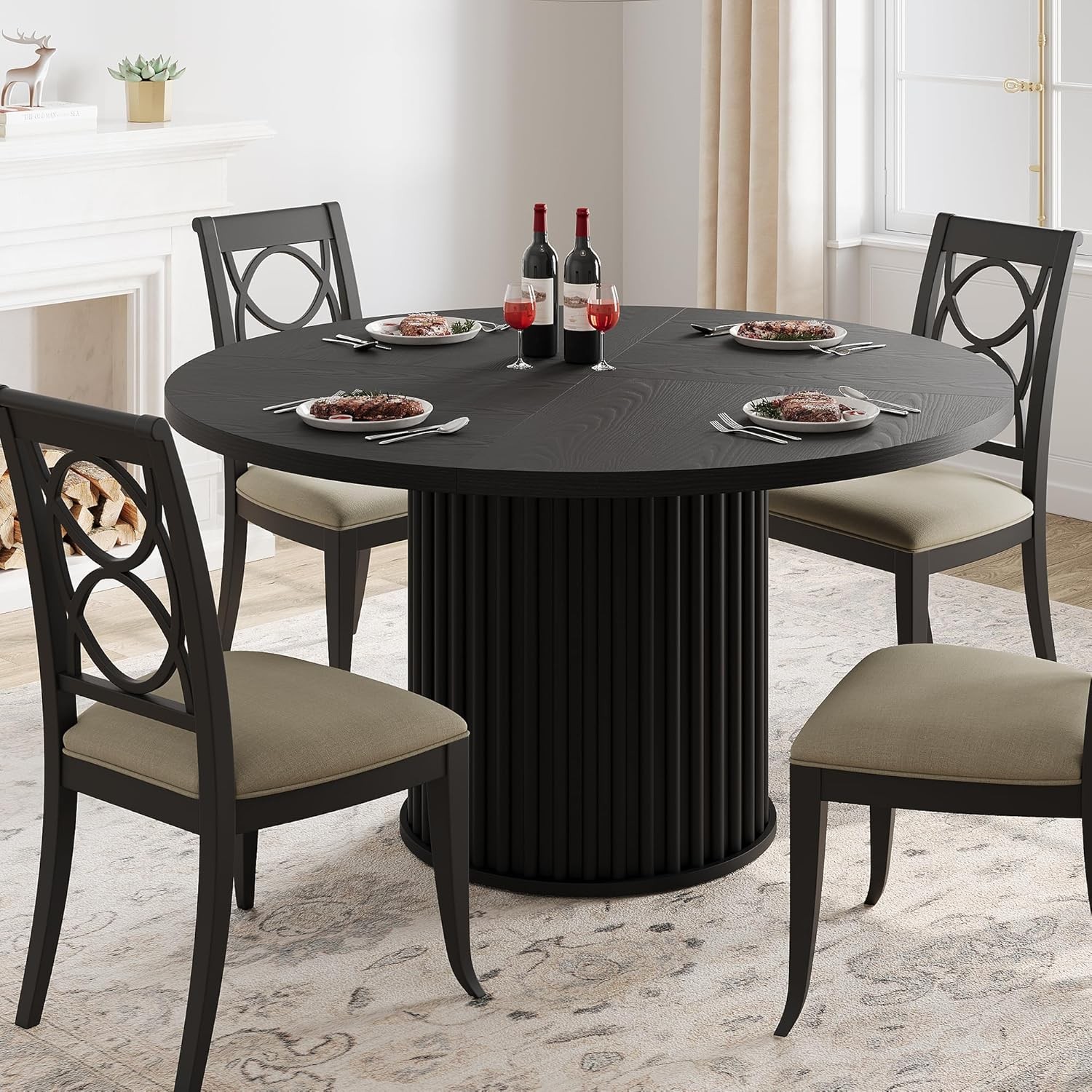 47" Round Dining Table for 4-6, Black Wood Table with Waveform Metal Pedestal