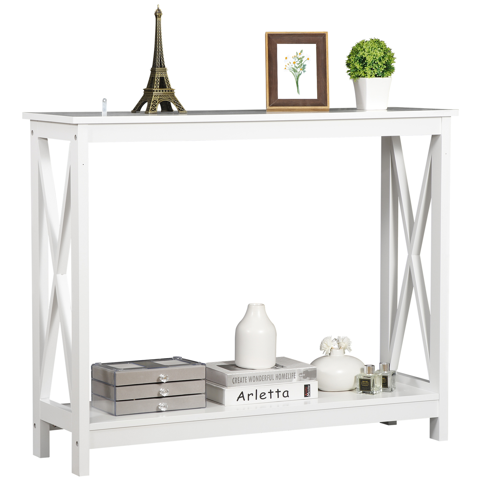 Wallmount Enhanced X Shaped Home Entryway Console Table MDF Frame, White