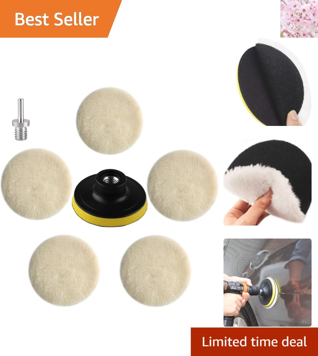 3 Inch Wool Polishing Wheel Set with M10 Adapter - 7 Washable Buffing Pads