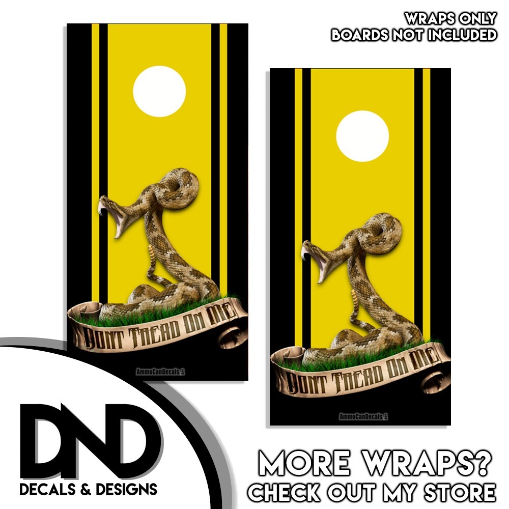 Don't Tread on Me Rattlesnake YELLOW DTOM Flag Cornhole Board Wraps 2 Pack