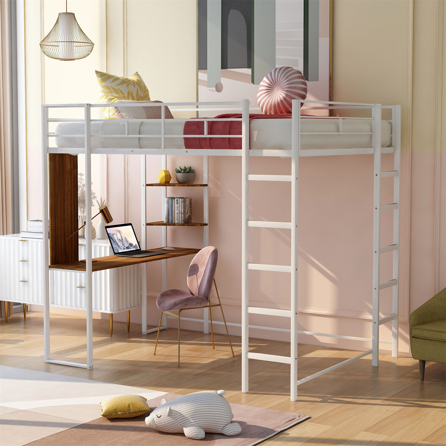 Full Size Metal Loft Bed Metal Bed Frame w/ Desk & Storage Shelves & Ladder
