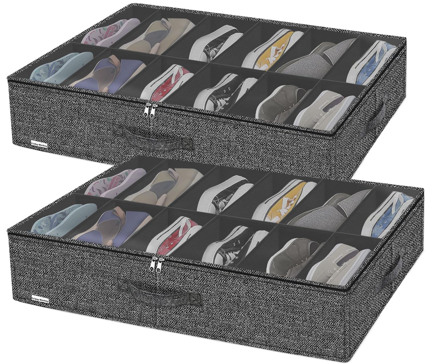 Under Bed Shoe Bin, Set of 2, Holds 24 Pairs Total, Zipper Closure