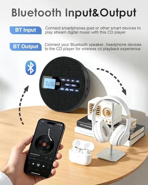Portable CD Player with Bluetooth & FM Transmitter for Home & Car |