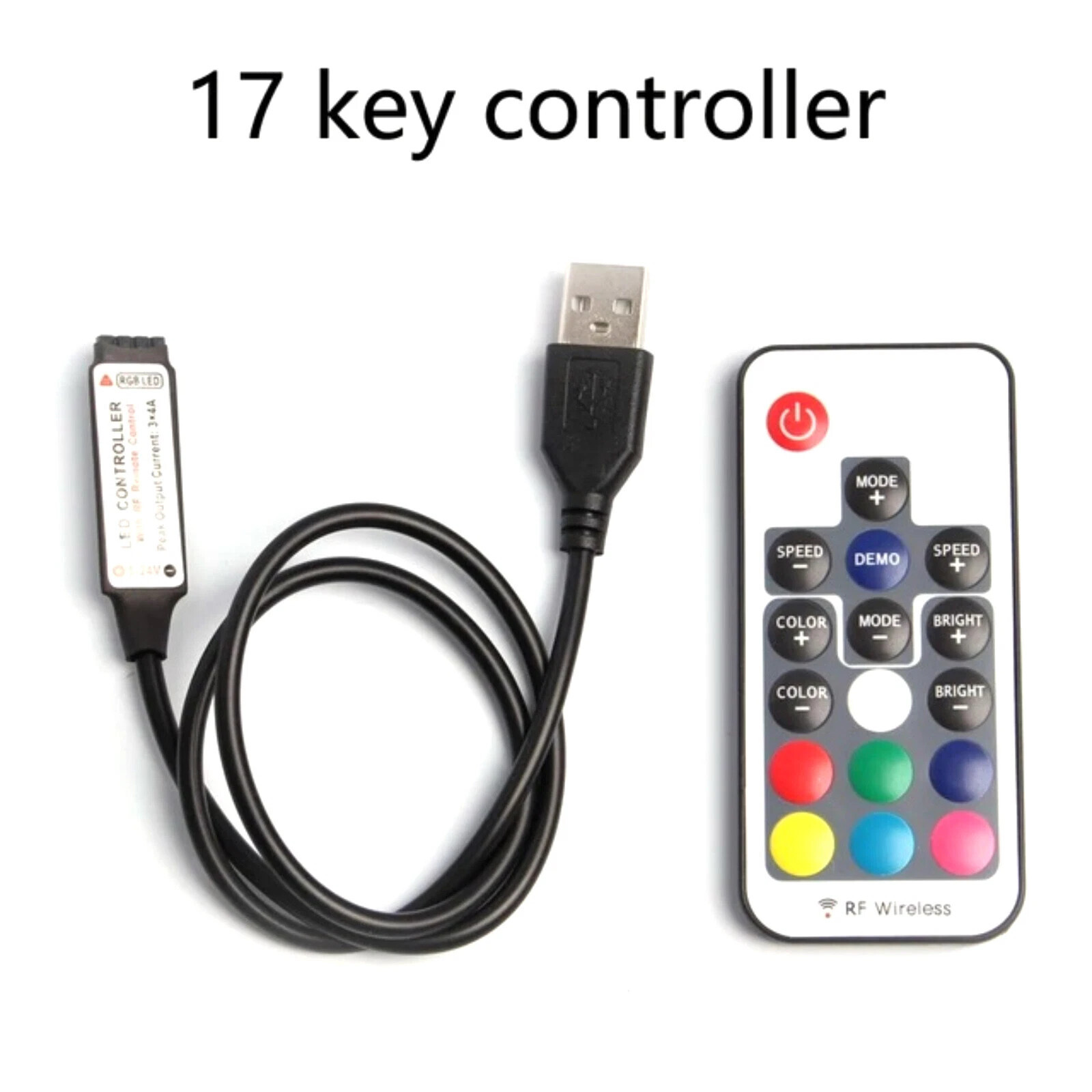 NEW RGB Led Strip Controller 17 Key RF Wireless Remote DC 5V-24V USB Connector